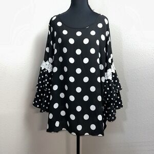 Sami & Jo Blouse Women's 2 Black & White Polka Dot Lace Ruffle Long Sleeve